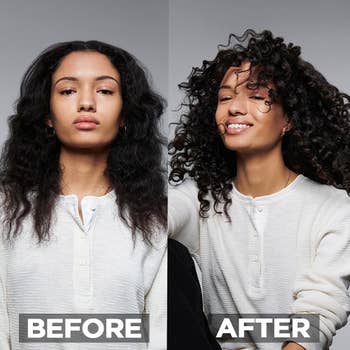 before and after showing a model with less-defined curls next to them rocking a head of springy curls after using the protectant spray