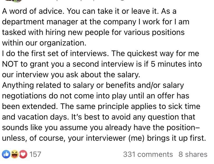 A recruiter asking a job-seeker not to ask about compensation.