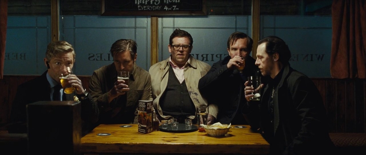 The lads from the World&#x27;s End drinking pints in a pub