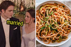 On the left, Edward and Bella from Twilight staring into each other's eyes on their wedding day labeled married, and on the right, some spaghetti with marinara sauce and zucchini