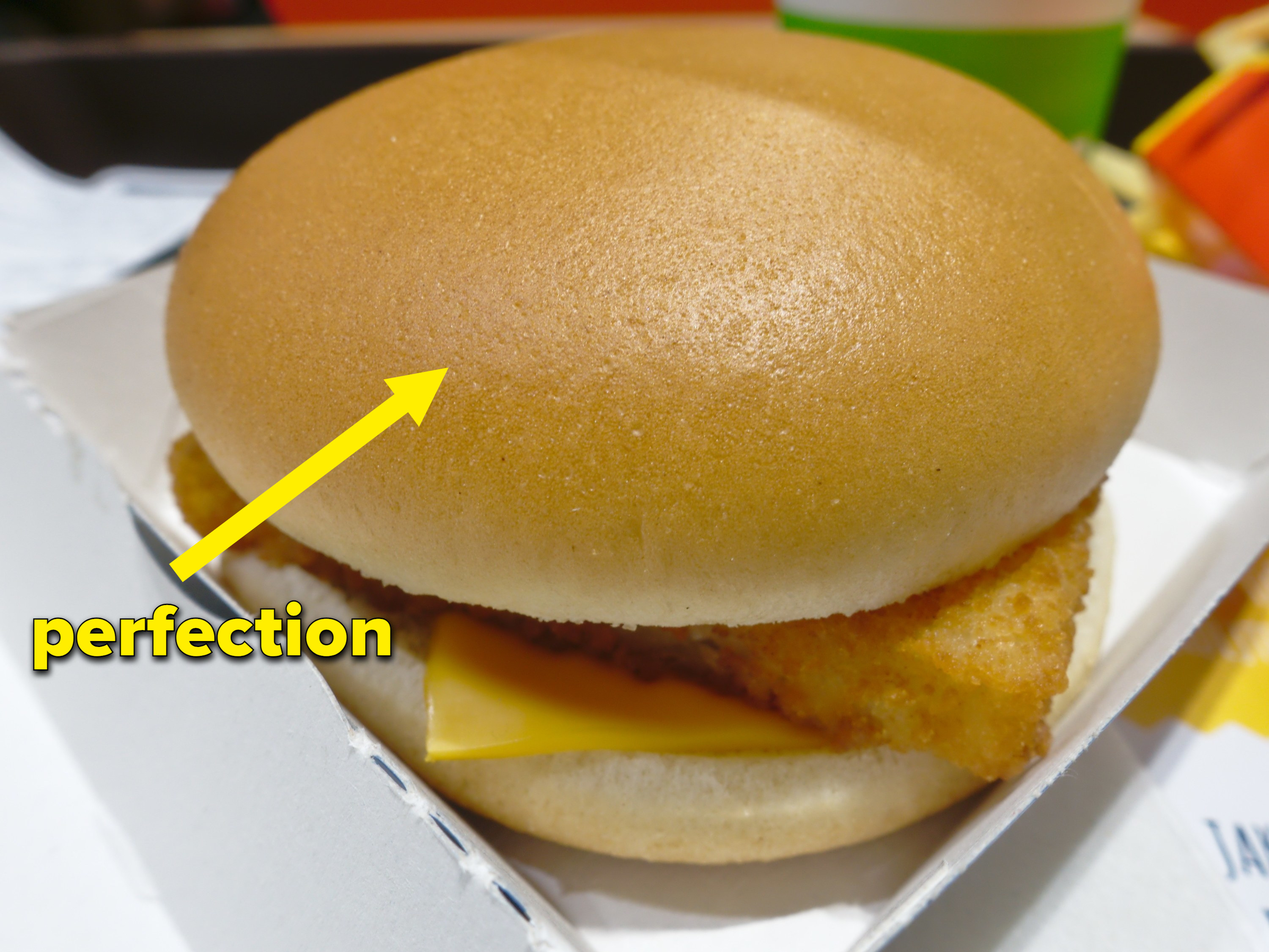 A Filet-O-Fish burger; there is an arrow pointing the steaming bun with text saying &quot;perfection&quot;