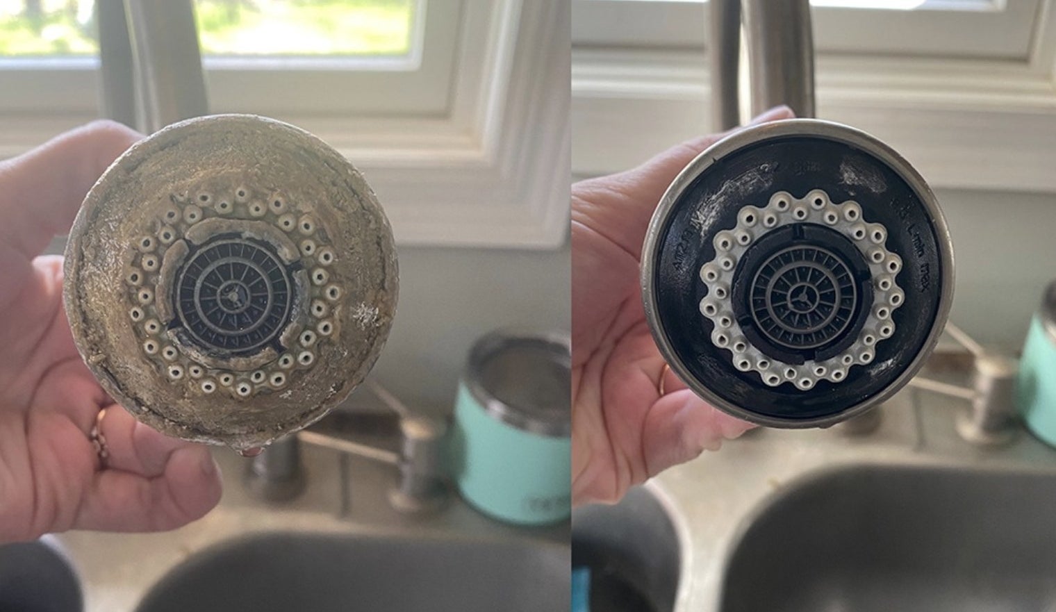 reviewer sink faucet with hard water build-up on left and looking completely clean on  right