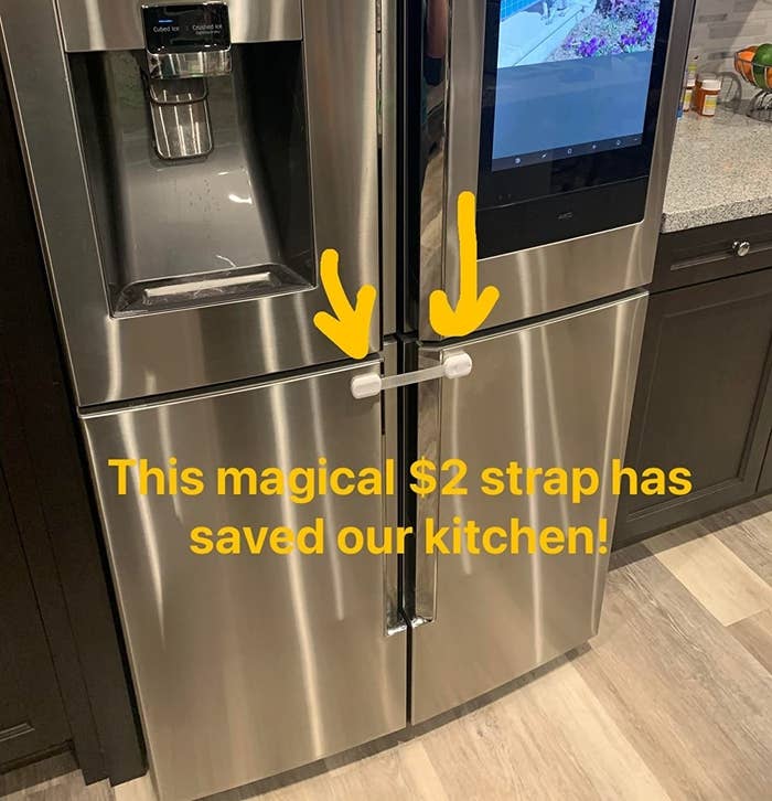 reviewer&#x27;s photo of the safety straps installed on their fridge