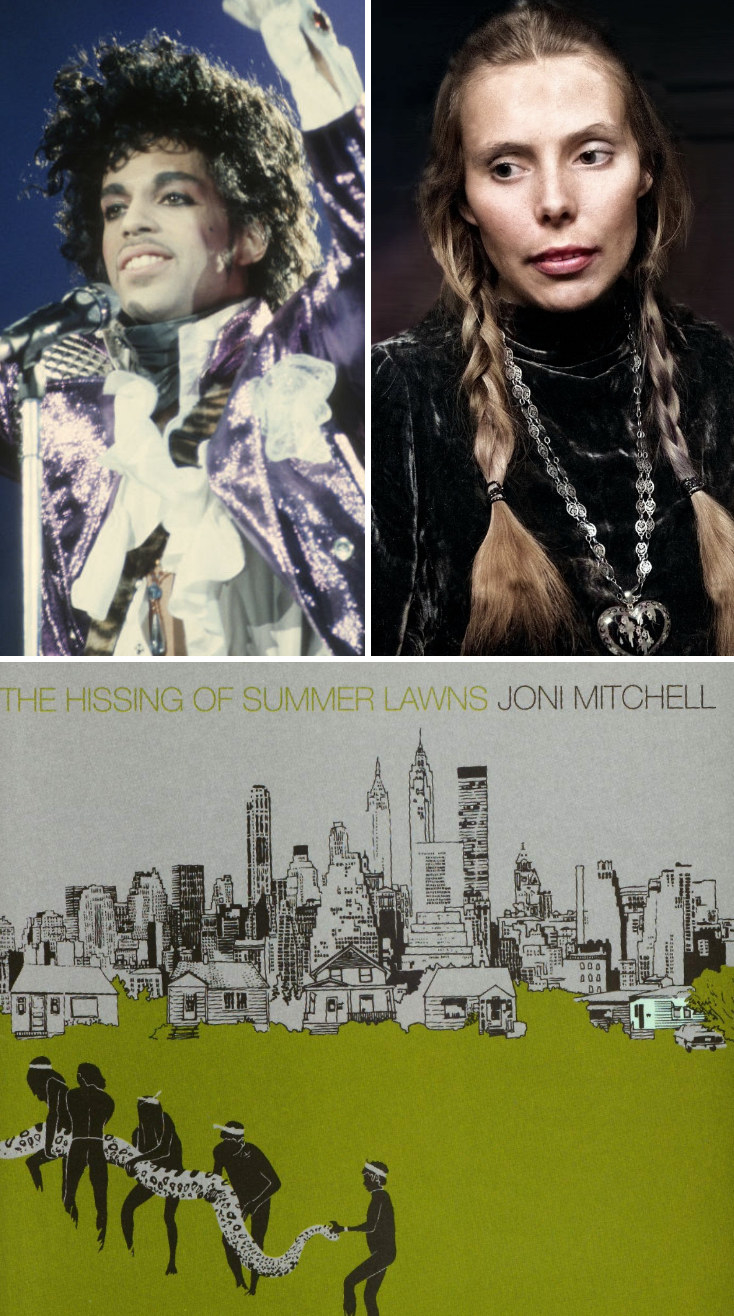 Prince performing in 1984; Picture of Joni Mitchell in the mid-&#x27;70s; Mitchell&#x27;s cover for &quot;The Hissing of Summer Lawns&quot;