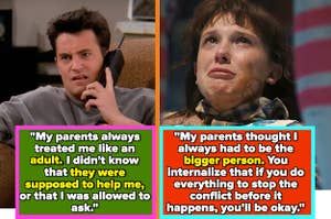 Left: Matthew Perry as Chandler Bing talks on the phone in "Friends" Right: Millie Bobbi Brown as Eleven cries in "Stranger Things"