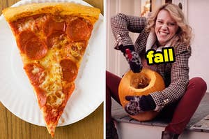 On the left, a slice of pepperoni pizza on a paper plate, and on the right, Kate McKinnon carving a pumpkin on the porch in an SNL sketch labeled fall