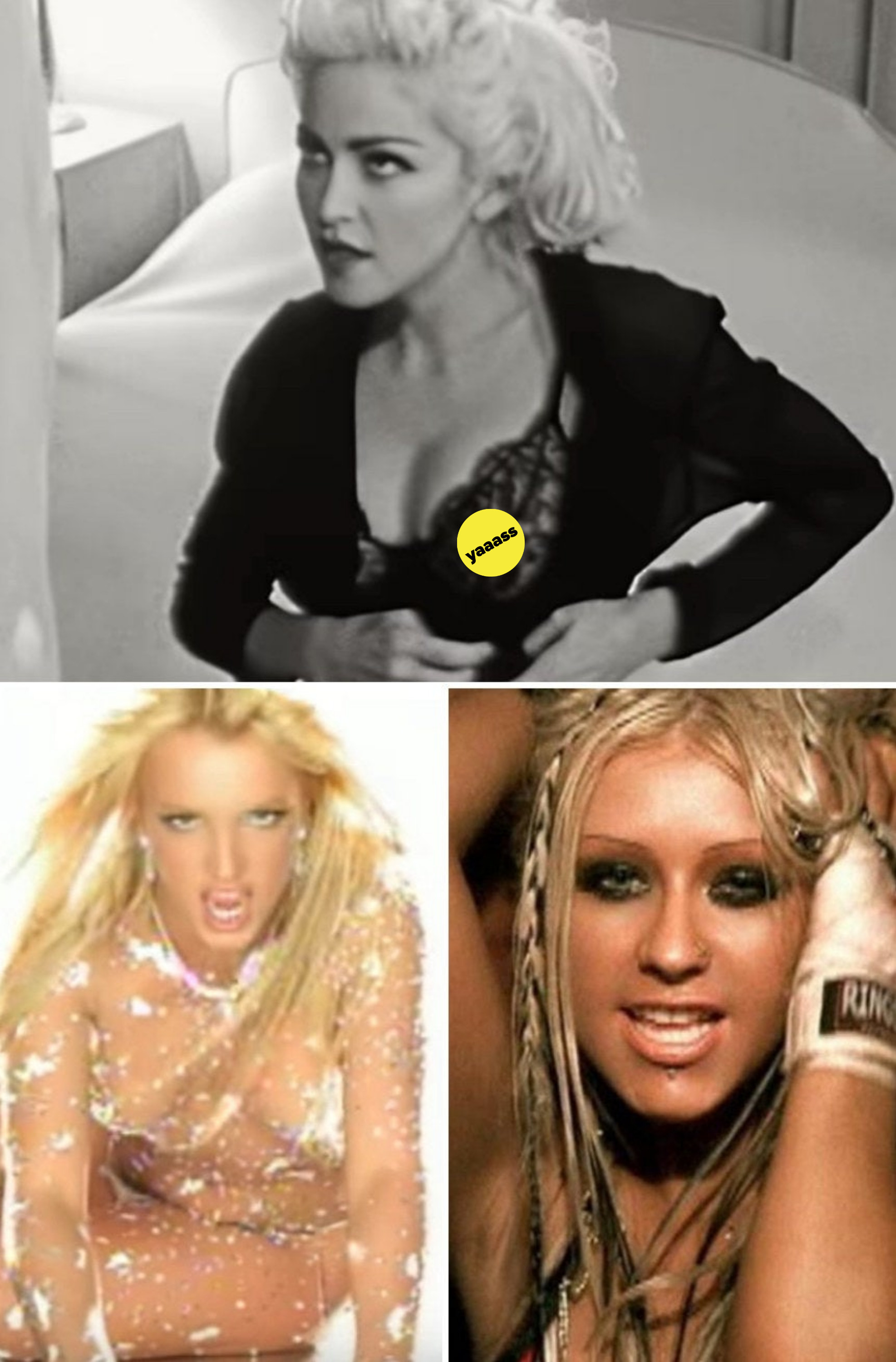 Madonna in her &quot;Justify My Love&quot; music video; Spears in her &quot;Toxic&quot; music video; Aguilera in her &quot;Dirrty&quot; music video
