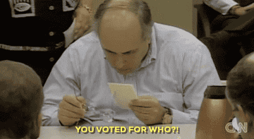A GIF of a man trying to read a ballot with text that says, &#x27;You voted for who?!&#x27;