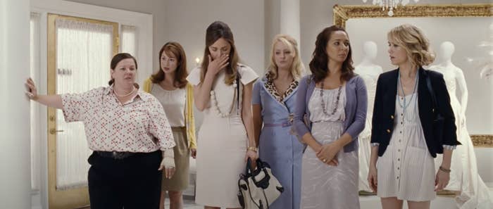 The cast of &quot;Bridesmaids&quot; in a bridal store
