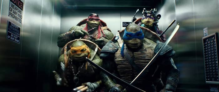 Leonardo, Donatello, Raphael, and Michelangelo beep-boxing in an elevator in &quot;Teenage Mutant Ninja Turtles&quot;
