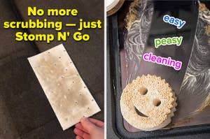 a reviewer holding a stomp n' go pad; an oven door being cleaned with a scrub mommy