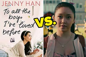 On the left, the novel To All the Boys I've Loved Before, and on the right, Lana Condor as Lara Jean in the Netflix movie To All the Boys I've Loved Before with versus typed in the middle