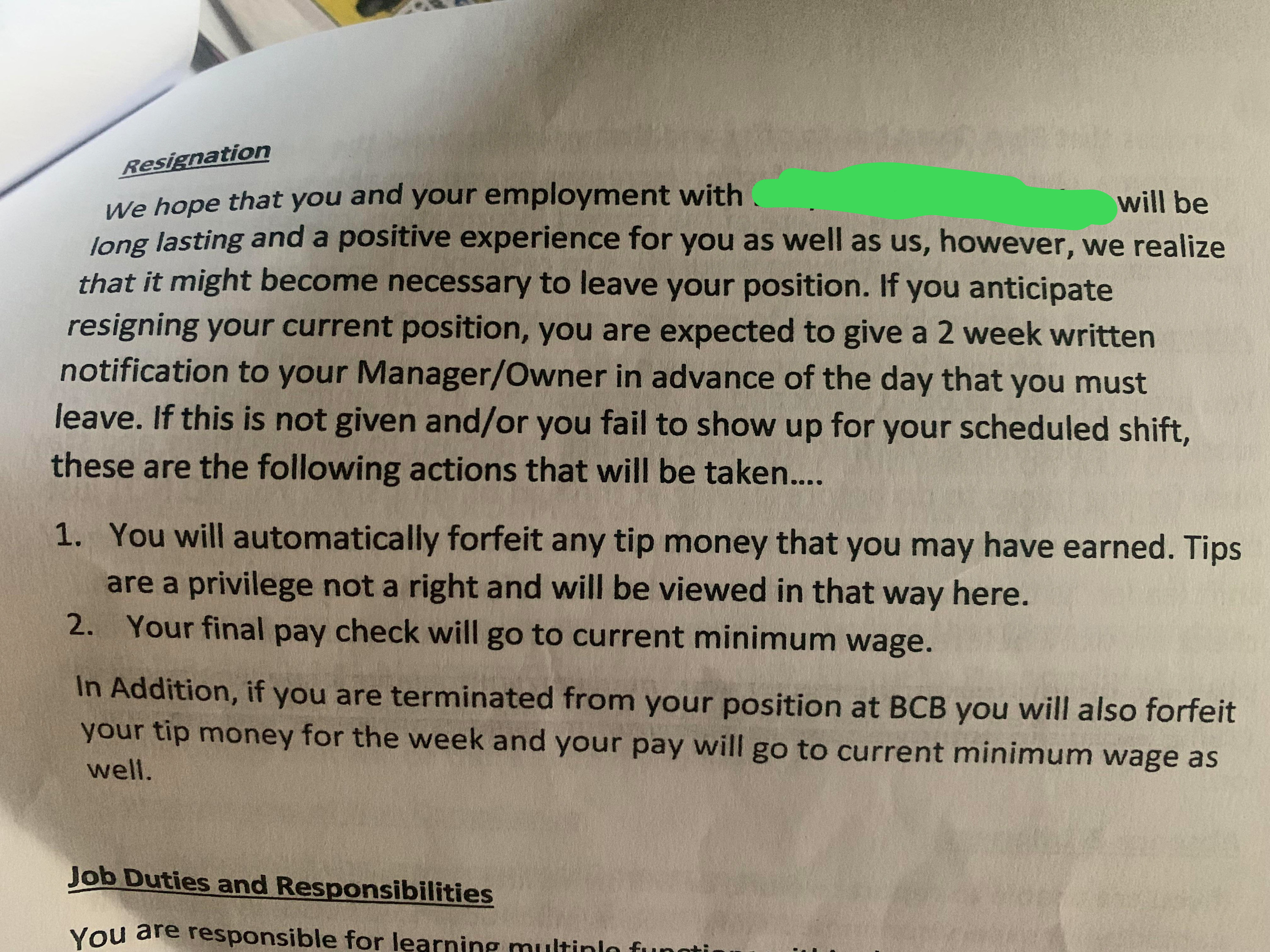 A note from an employer showing the consequences of quitting the job