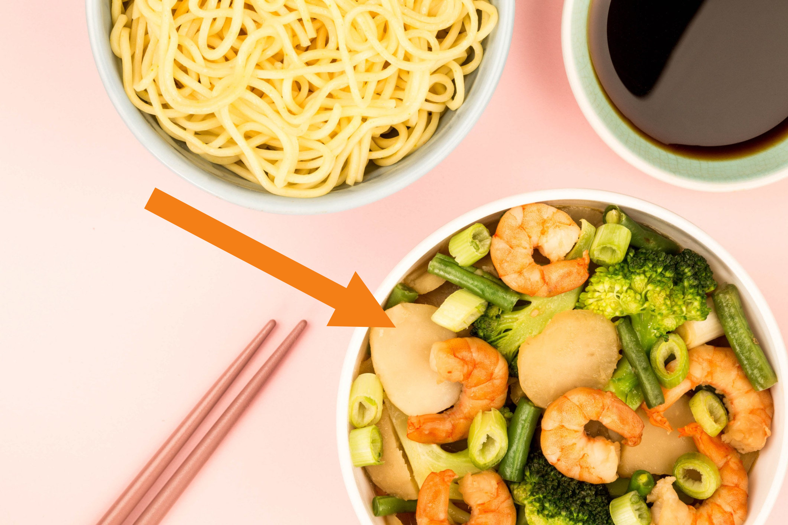 Noodles and prawns with broccoli and water chestnuts.