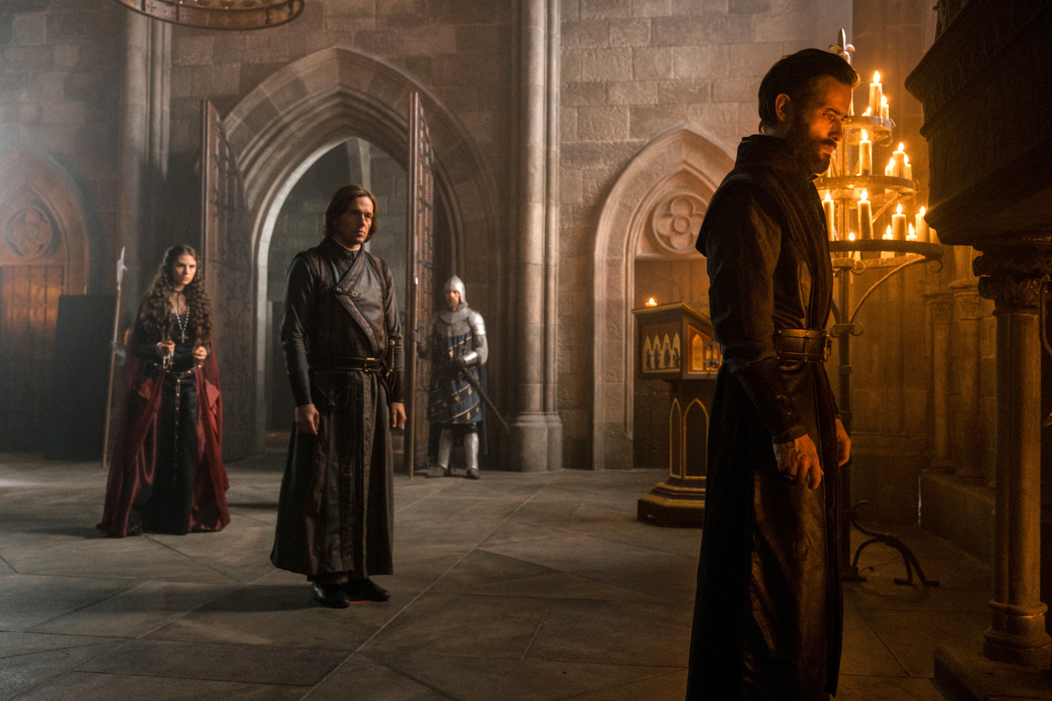 KNIGHTFALL, from left: Genevieve Gaunt, Julian Ovenden, Ed Stoppard, &#x27;God&#x27;s Executioners&#x27; (Season 2, ep. 201, aired March 25, 2019)