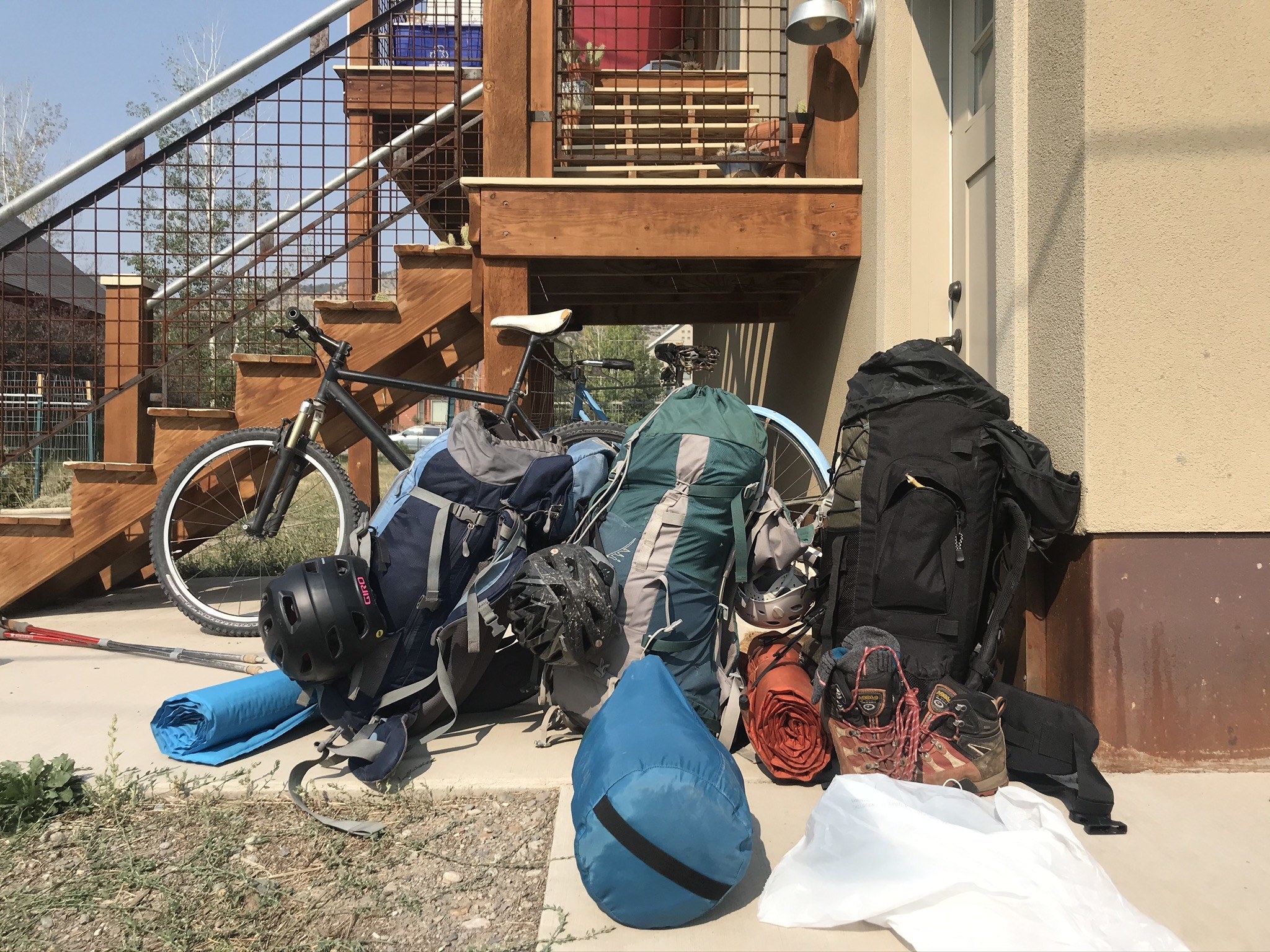 Backpacks and gear in a pile