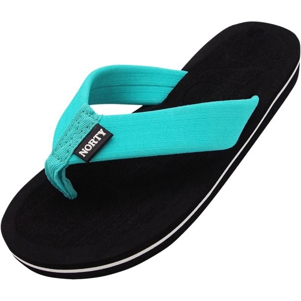 Black flip-flops with thick teal thong strap