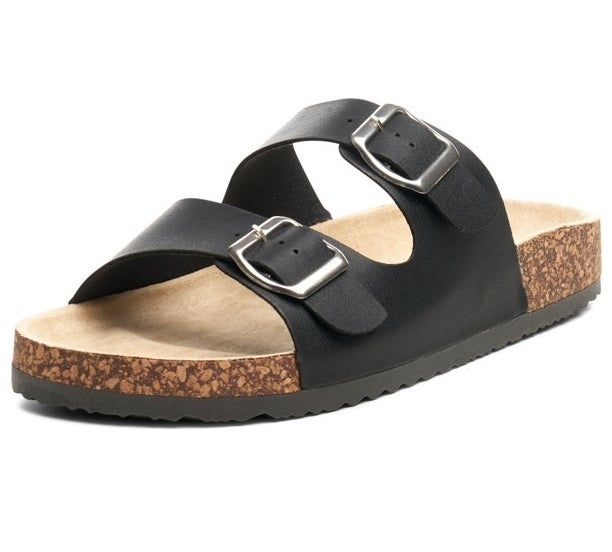 Black double strapped sandal with cork sole