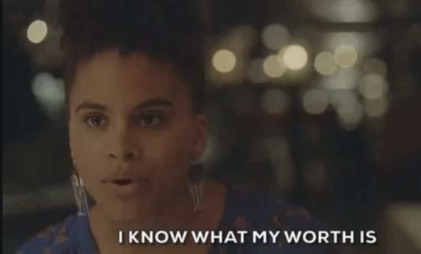 A woman talking with the words &quot;I know what my worth is&quot;