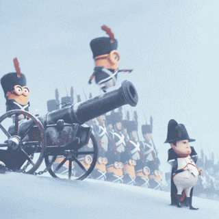 A minion stands on a cannon, causing it to tilt down and blow up Napoleon Bonaparte