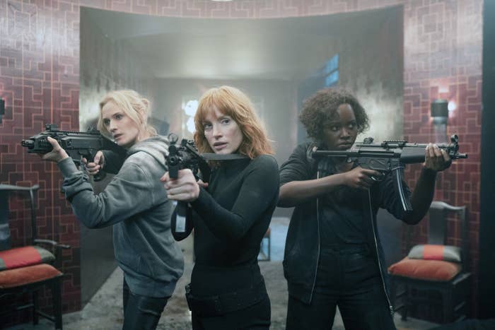 Diane Kruger, Jessica Chastain, and Lupita Nyong&#x27;o all hold machine guns