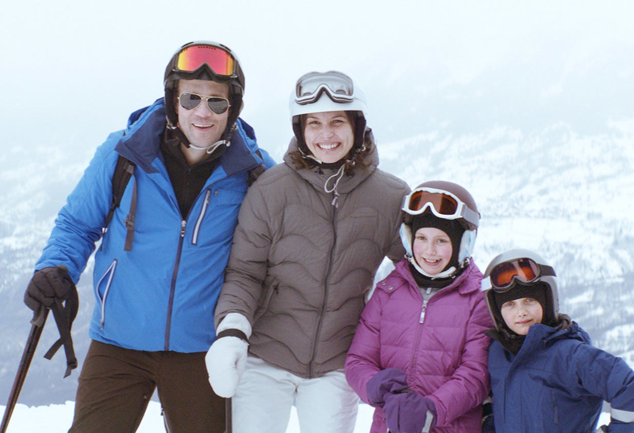 Johannes Kuhnke, Lisa Loven Kongsli, Clara Wettergren and Vincent Wettergren pose for a picture on the ski slopes