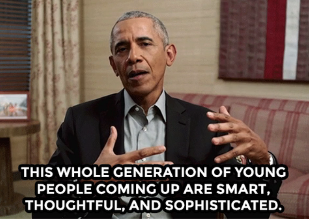 Barack Obama talking with the words &quot;This whole generation of young people coming up are smart, thoughtful, and sophisticated&quot;