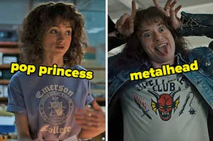 On the left, Nancy from Stranger Things labeled pop princess, and on the right, Eddie labeled metalhead