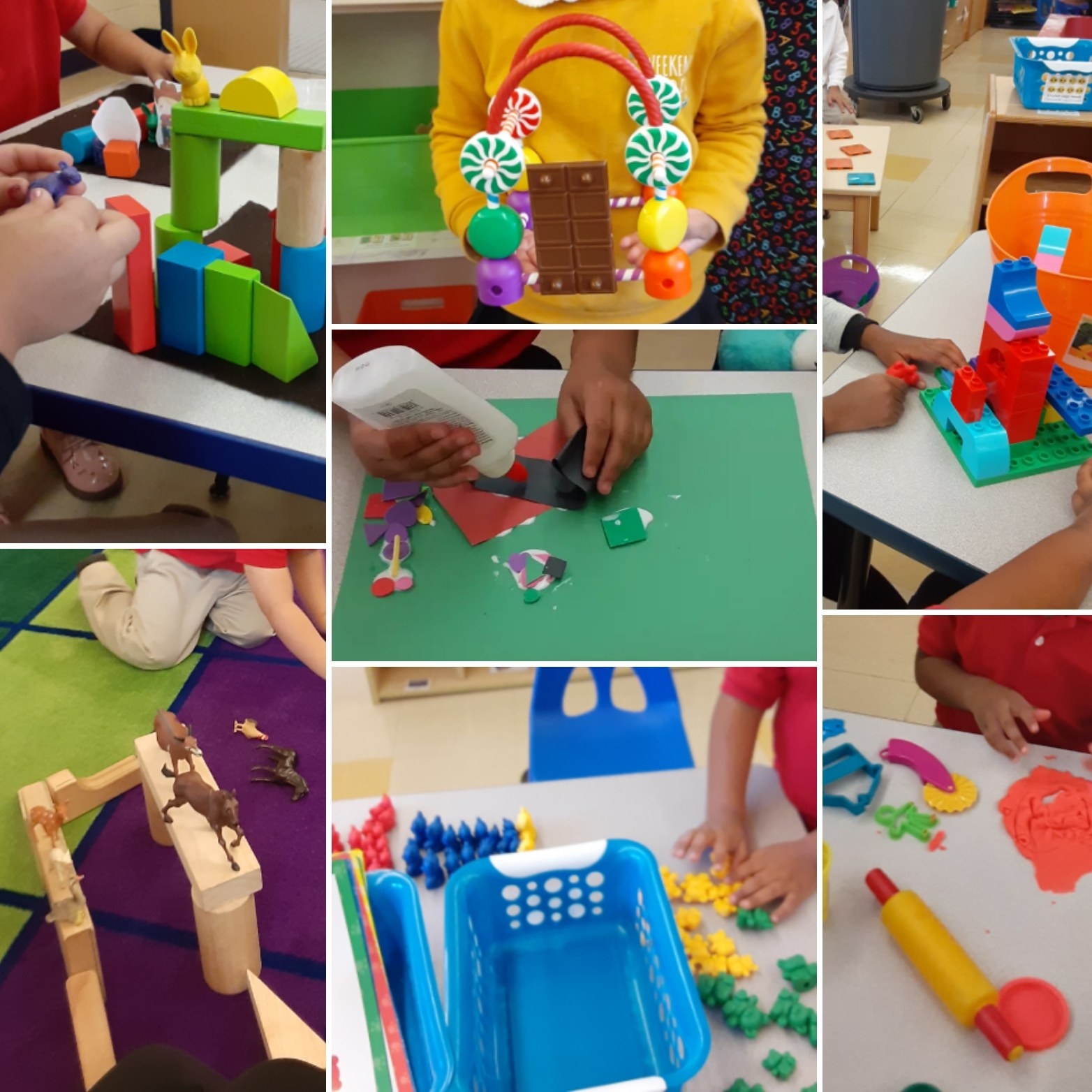a collage of kids&#x27; hands building with toys and doing crafts