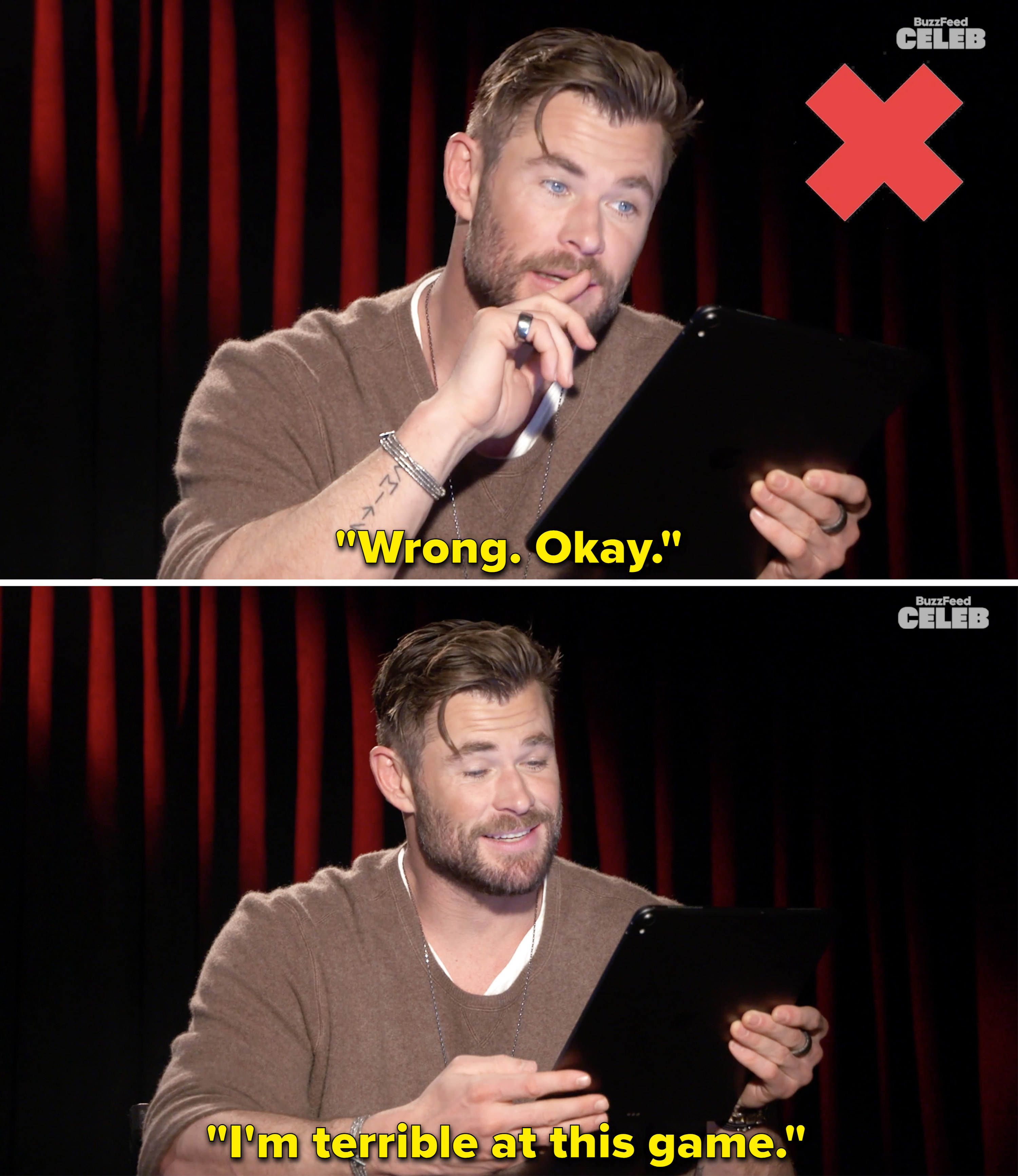 Chris Hemsworth saying, "I'm terrible at this game."
