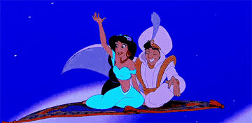 Animated Jasmine and Aladdin waving as they fly on a magic carpet