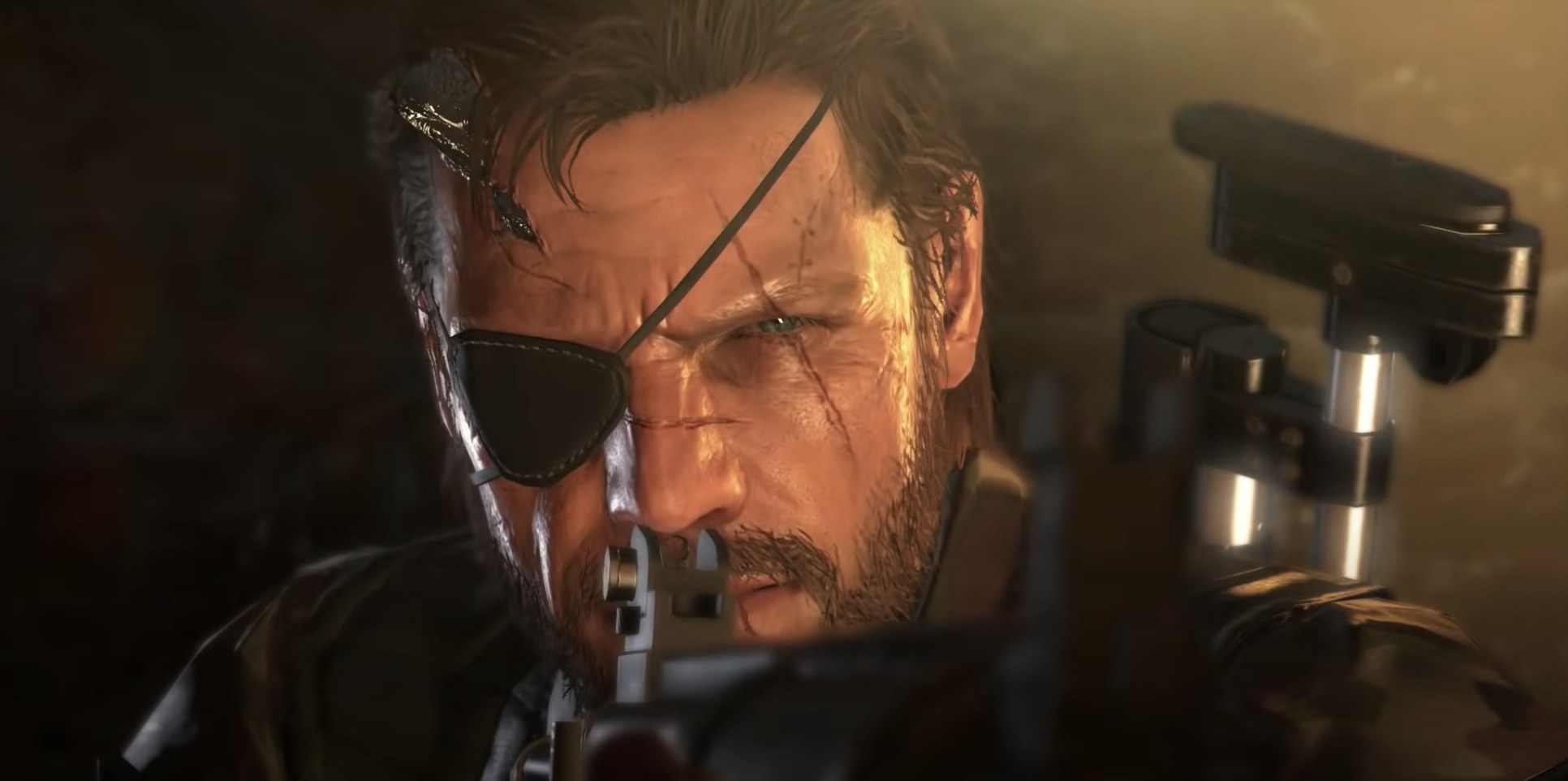 A man with an eyepatch looks down the scope of a gun.
