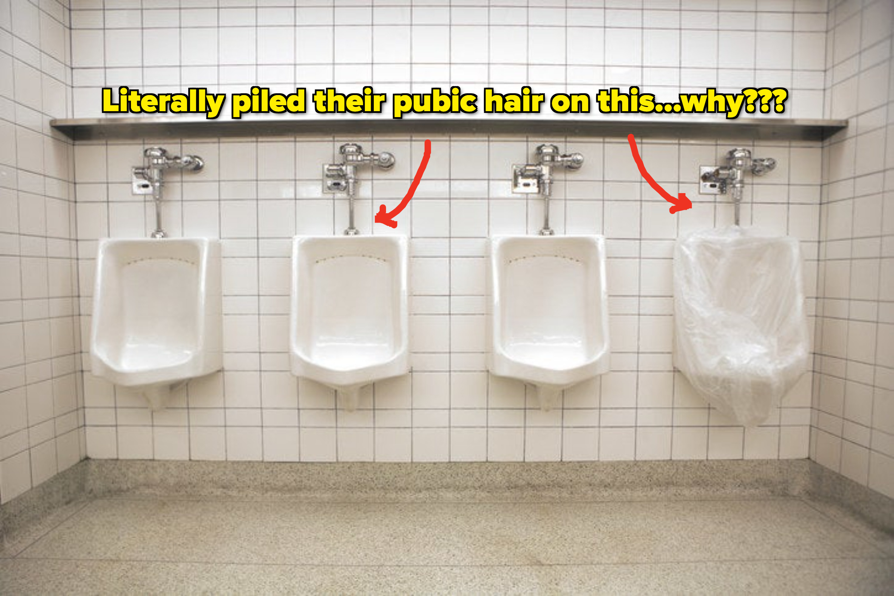 A row of urinals with text that says, &quot;Literally piled their public hair on this...why???&quot;
