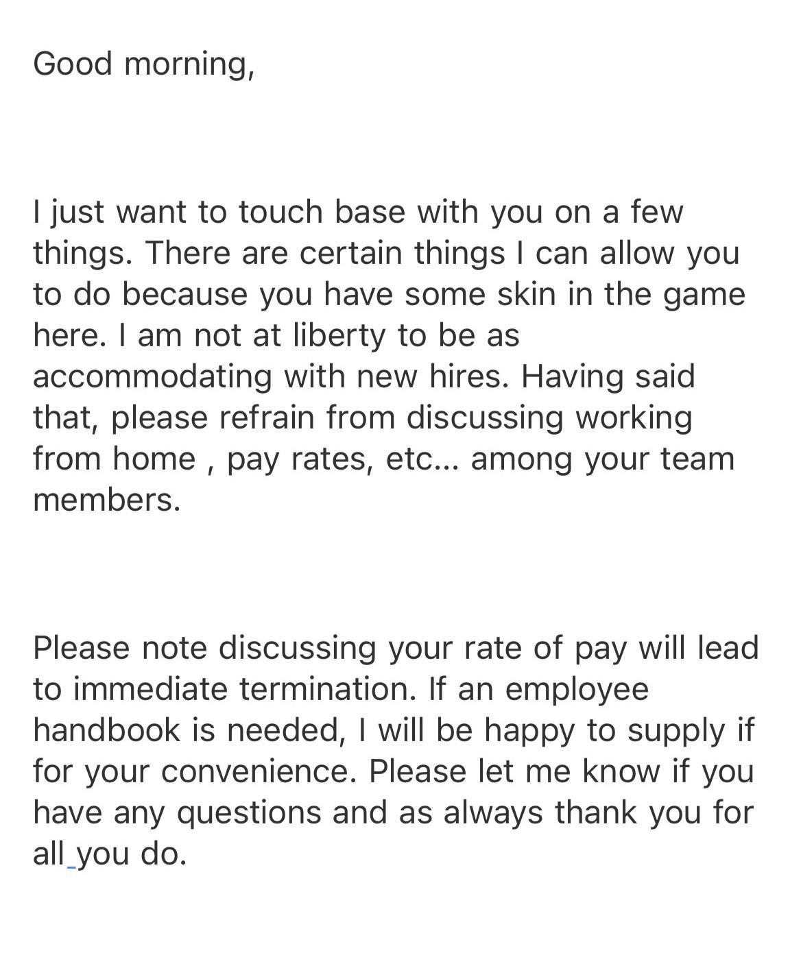 A notice from an employer asking an employee to not talk about pay