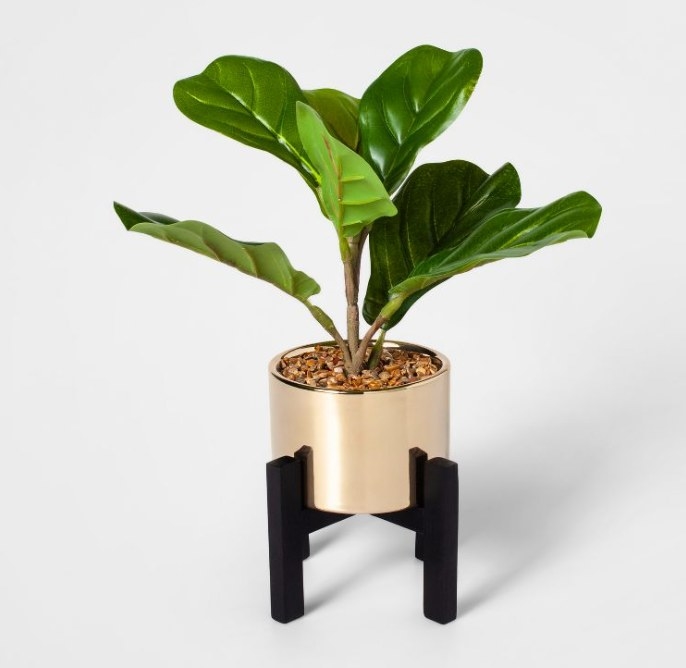 Faux fiddle leaf fig plant in gold planter