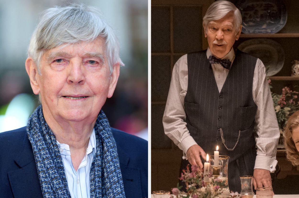 Photo of Tom Courtenay at an event and Tom in the film in period costume as Uncle Walter