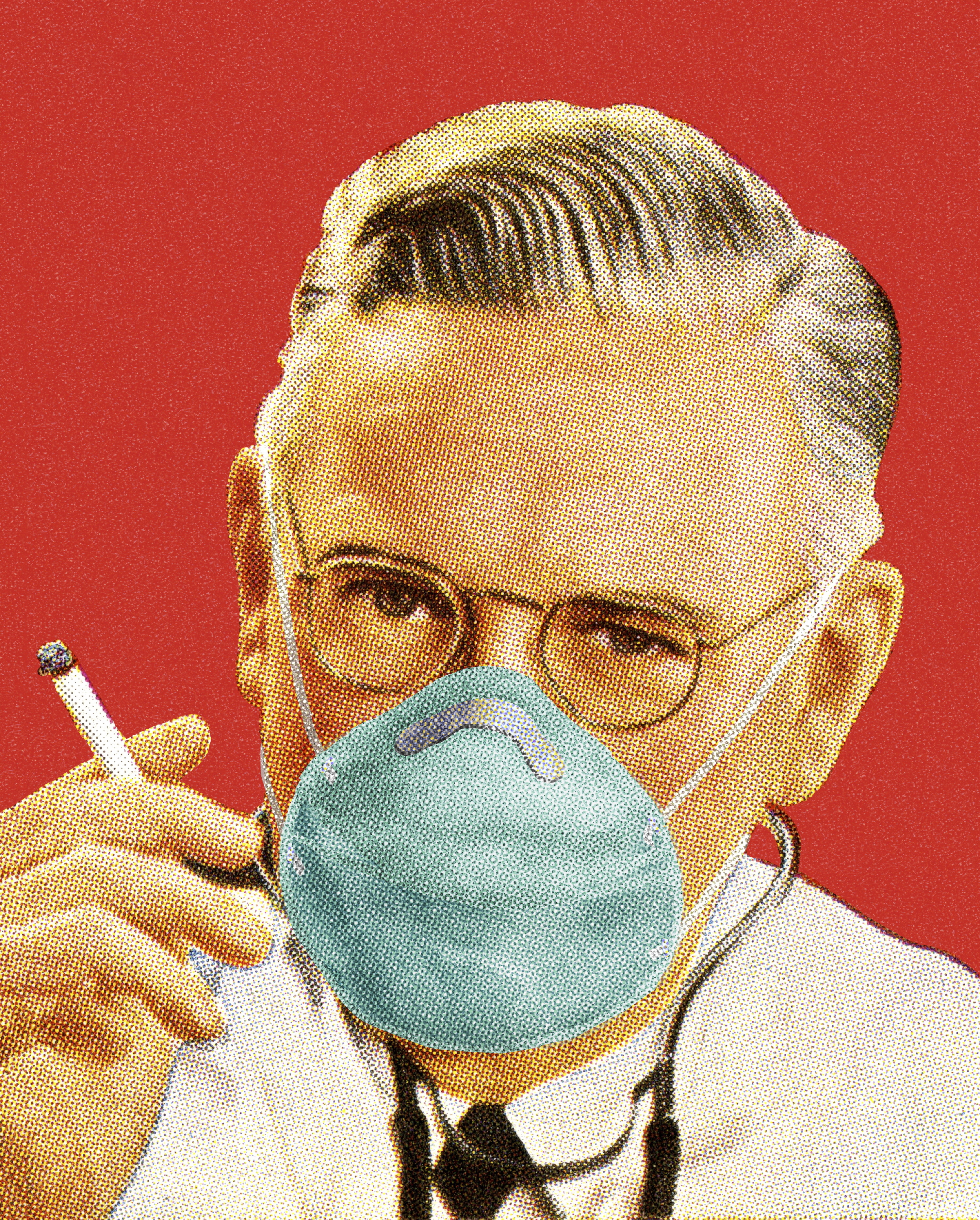 An old timey picture of a doctor holding a cigarette and wearing a mask