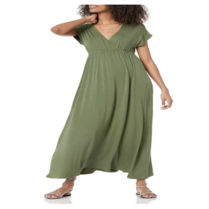 model wearing maxi dress in light olive