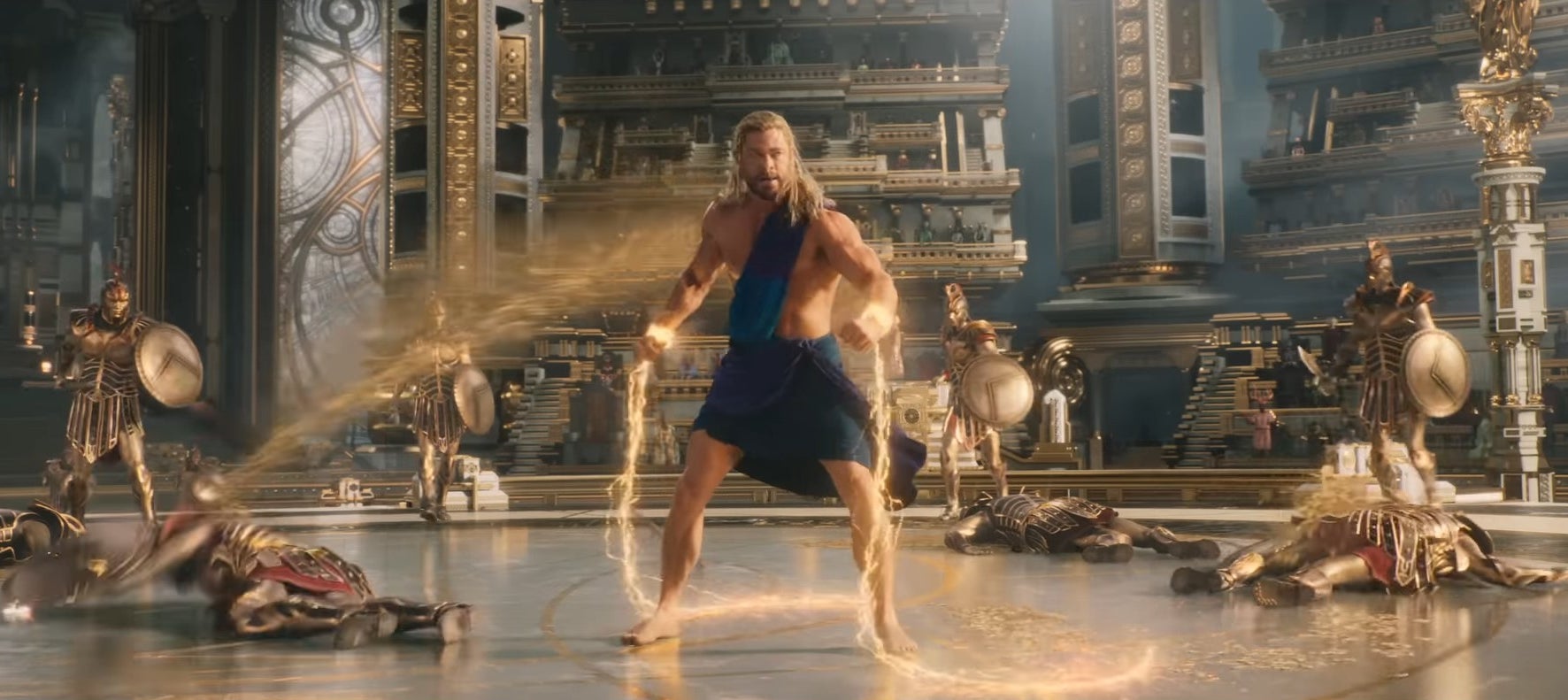 Thor wielding thunder whips in Omnipotence City in &quot;Thor: Love and Thunder&quot;