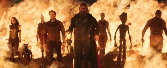 Thor and the Guardians of the Galaxy walking through a field of fire in &quot;Thor: Love and Thunder&quot;