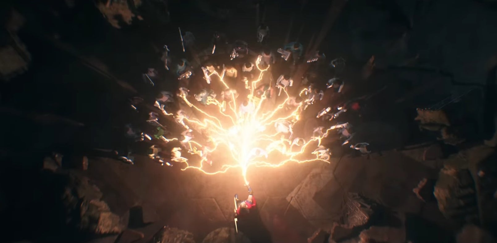 Thor sharing his power of electricity with the children of New Asgard in &quot;Thor: Love and Thunder&quot;