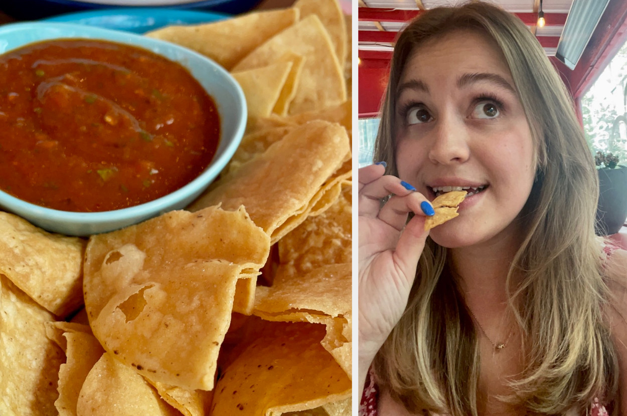 chips and salsa; author taking a bite