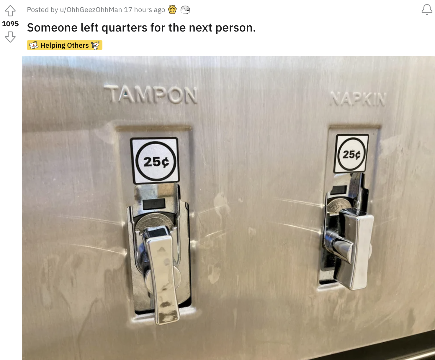 quarters in the slot for the tampon and pad machine