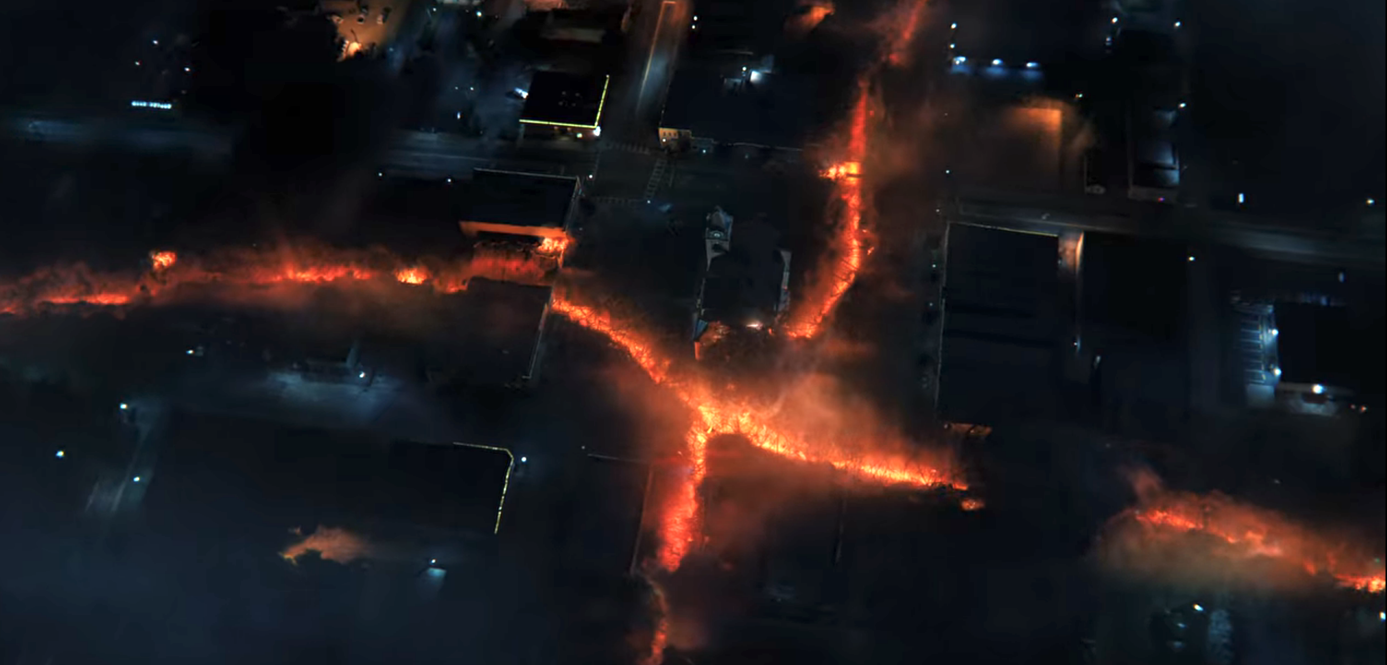 aerial view of the town in fire