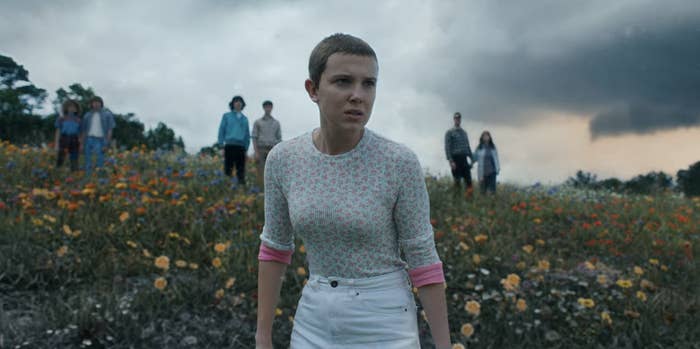Eleven and the cast at the end of Season 4 standing in a field with Eleven at the forefront