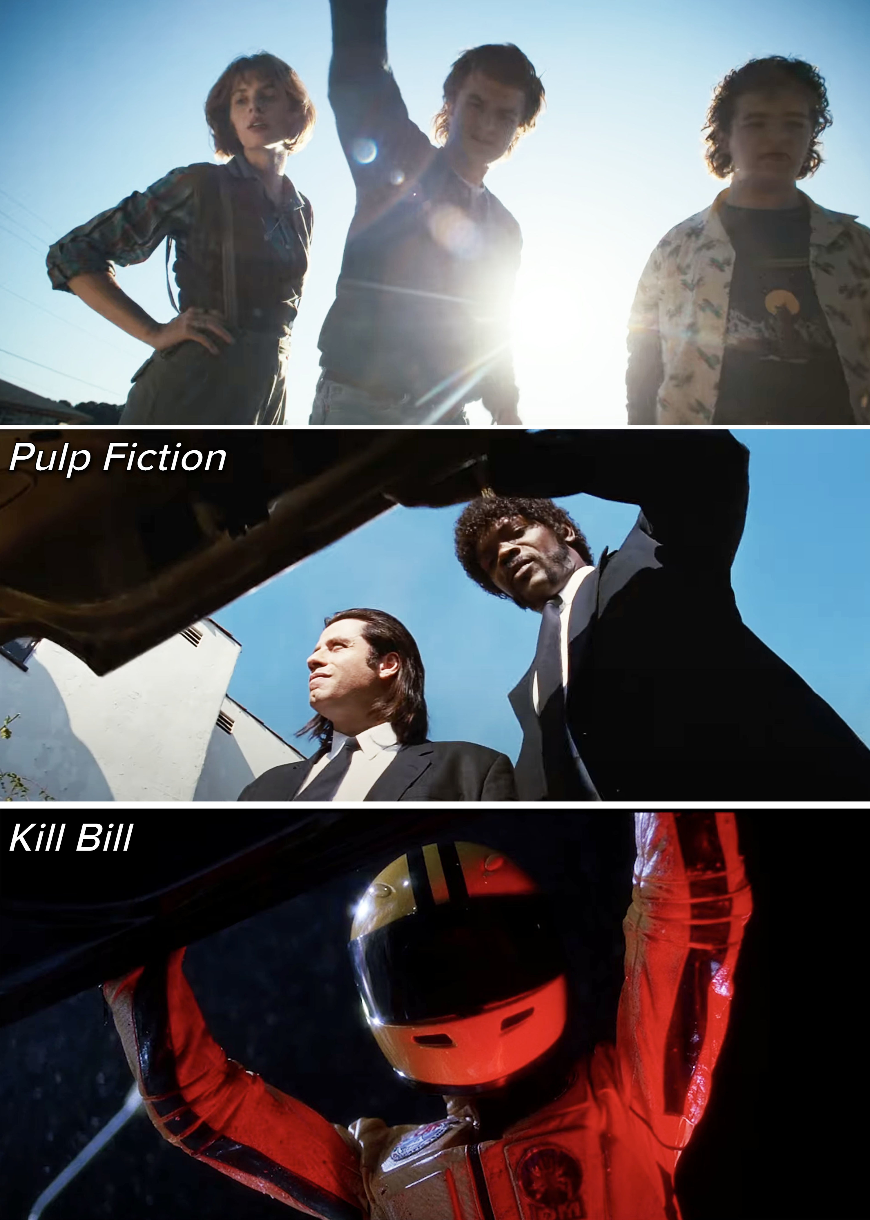 stranger things, pulp fiction, and kill bill shots with the camera pointing up at the characters