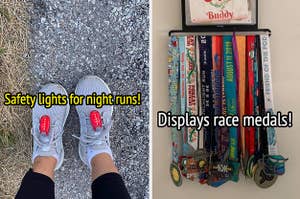 on left, gray running shoes with clip on red safety lights. on right, a display rack filled with race medals and bibs on wall