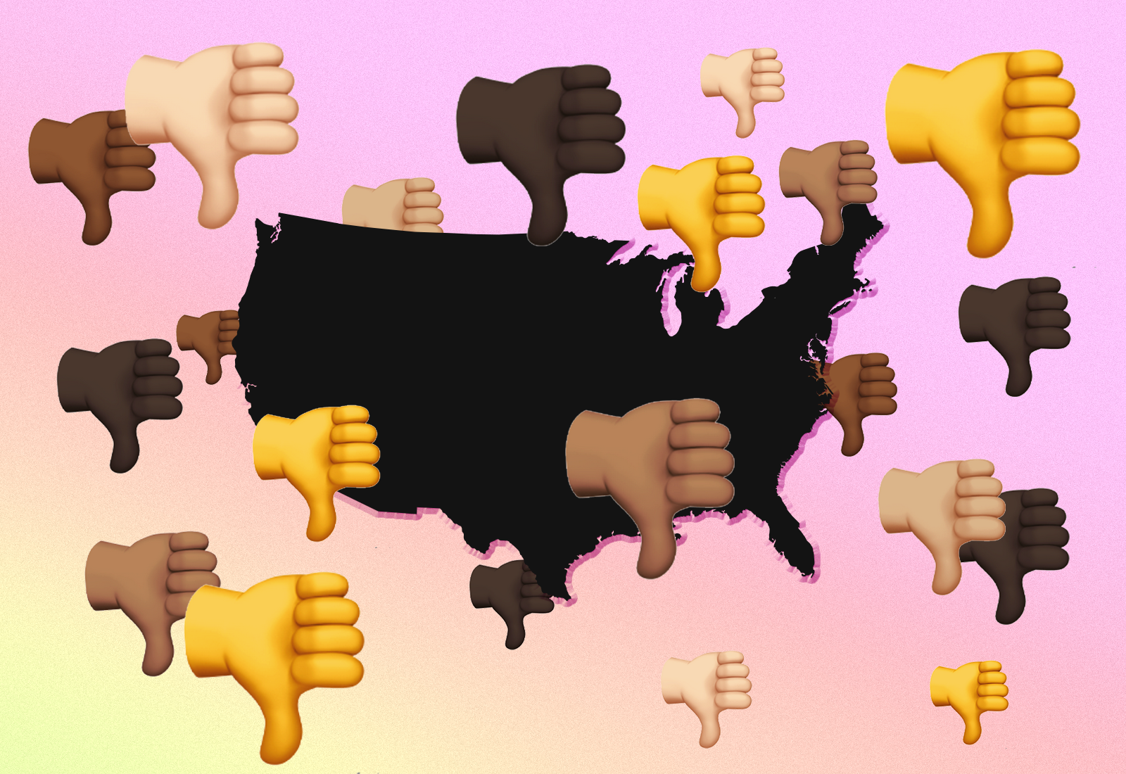 Many thumbs-down emojis against the backdrop of a map of the US