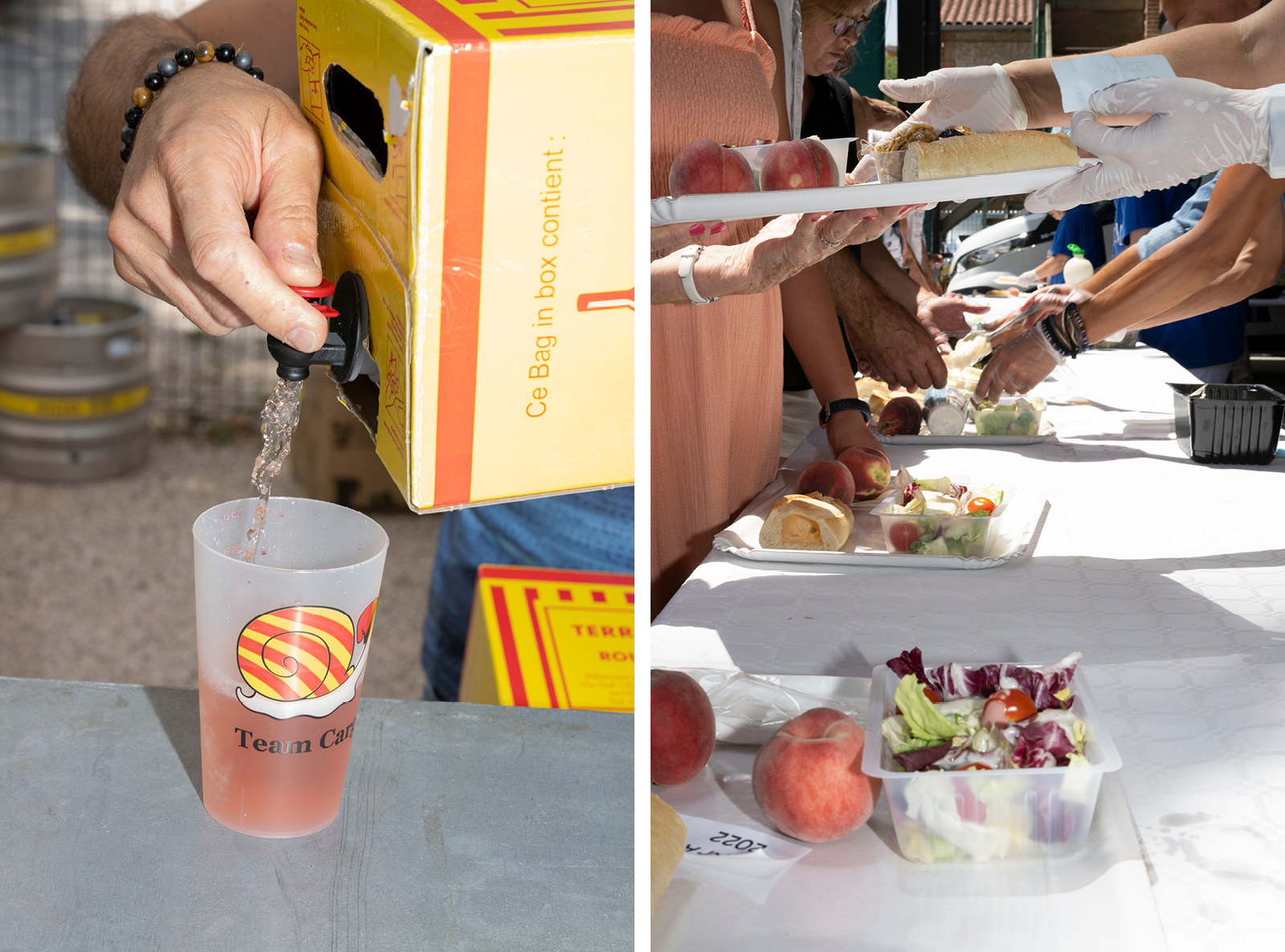 Two images: a person pours rosé from a wine box, and a row of people are served food on trays