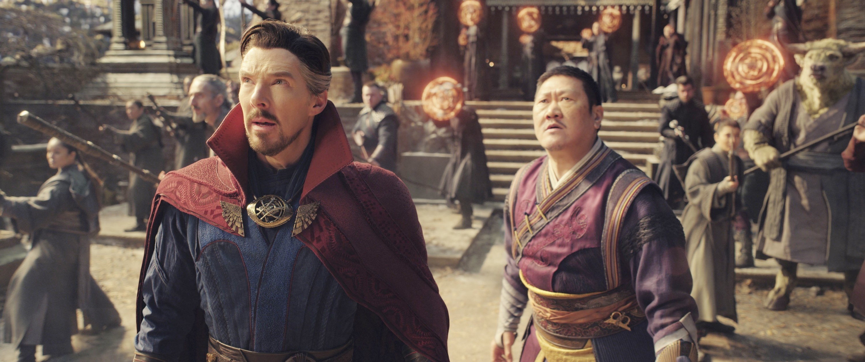 Benedict Cumberbatch as Dr. Stephen Strange, Benedict Wong as Wong looking up at the sky